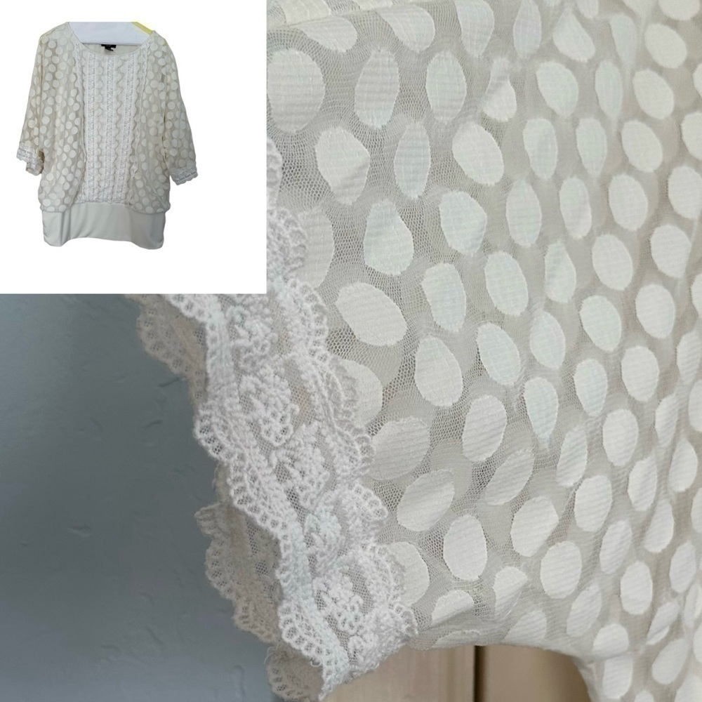Alfani Woman Lacy Shirt White Polka Dot Blouson 3X